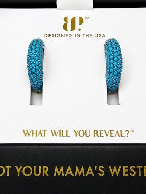 Bomb Party Honey & Hide Turquoise Magnesite Outlaw Hoop Earrings 1" Rhodium Plat